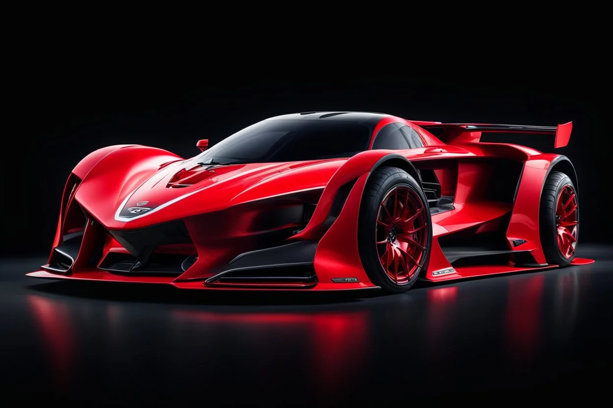 SUPER RACING CAR, EXOTIC, SUPER SPORT, CONCEPT CAR, ELECTRIC, BIG WHEELS, RED COLOR CHERRY, BLACK BACKGROUND,