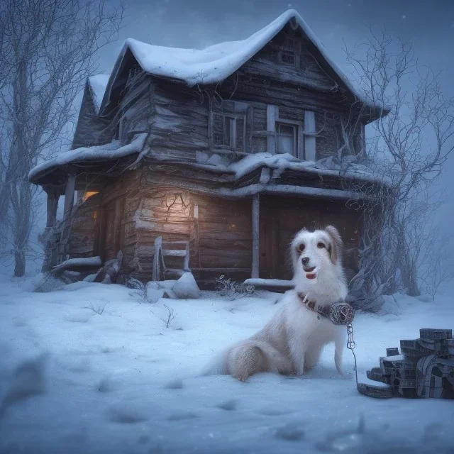 sad, scared, sad, lonely dog tied up outside in front of a house, winter, 8k resolution, high-quality, fine-detail, intricate, digital art, detailed matte, volumetric lighting, illustration, 3D octane render, brian froud, howard lyon, selina french, anna dittmann, annie stokes, lisa parker, greg rutowski