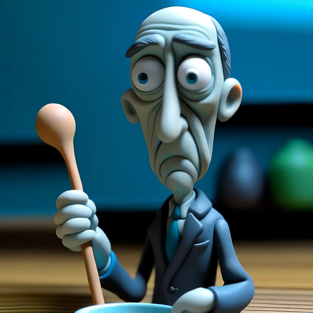 Hold the spoon with your left hand,What if get the flavor,pixar style ,holding reflection,made-of-clay,(Medium close-up:1.2), rene magritte,style of rene magritte, BREAK,Tim Burton Style