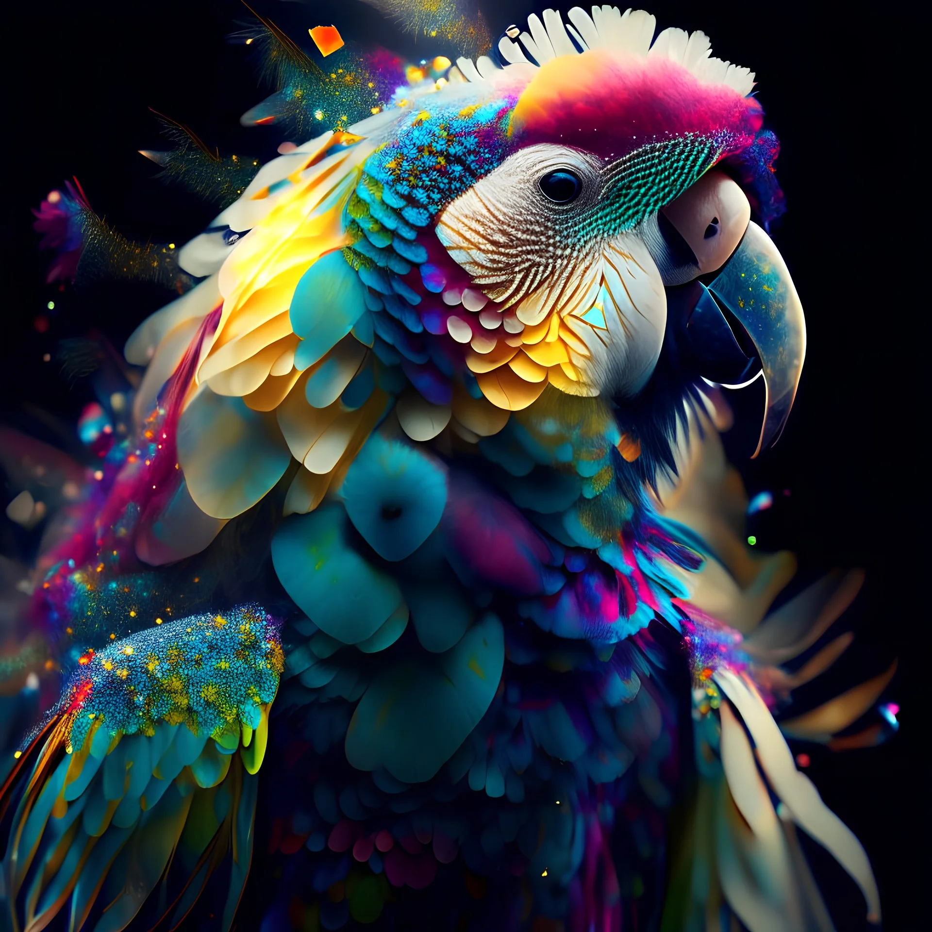 Parrot portrait, Beautiful and pretty By Mandy Disher, full body, all angles, fantastical otherworldly, white flowers, vibrant colors, red, blue, yellow, purple, green, intricate infinite fractal micro synapses diamond feathers, intricate details, Ismail Inceoglu, bokeh,