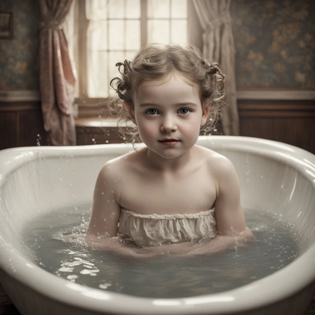 very young girl bathing in a bathtub, victorian era, photorealistic, RAW