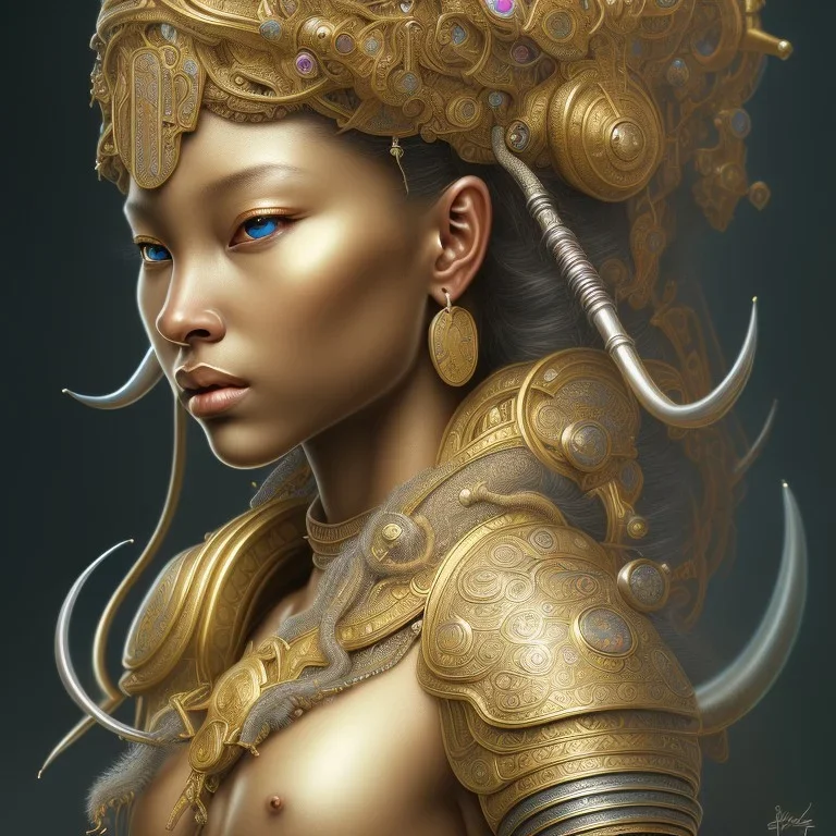 Sango fantasy, fantasy magic, intricate, sharp focus, illustration, highly detailed, digital painting, concept art, matte, art germ and Paul Lewin and Kehinde Wiley, masterpiece silver elephant head bronze Buddha Asian African girl nice breast Hawaiian hair turquoise golden waves