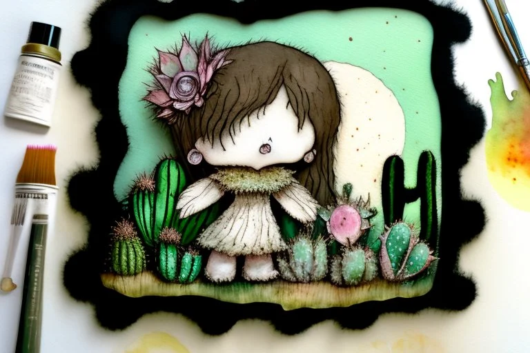 closeup, so much fluff, Cute chibi cacti fairy, painted and burned burlap, moonlight, styles of H. R. Giger, Paul Klee Dee Nickerson and Tim Burton, melting watercolor and black ink outlines on wet paper, soft, shading strokes, in candlelight, ethereal, otherwordly, cinematic postprocessing, bokeh, dof, S<AI