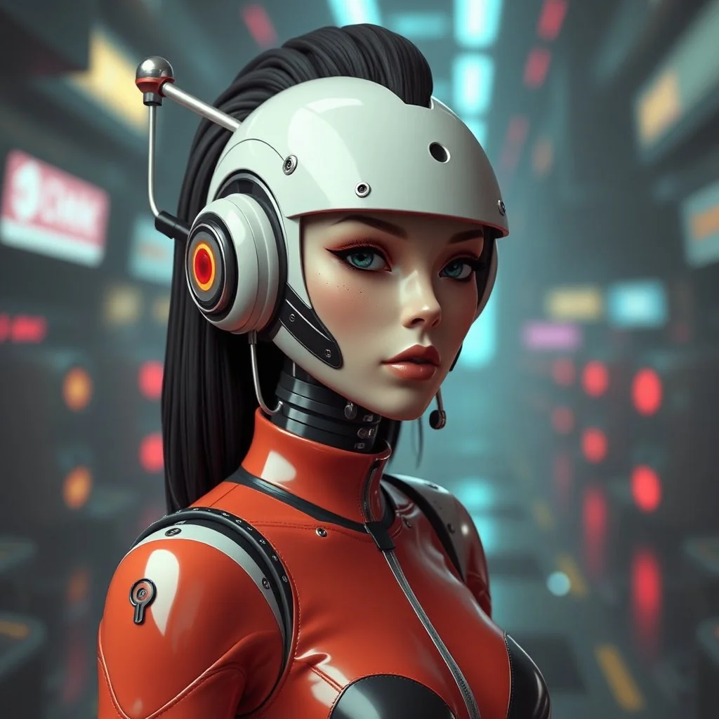 a retro-futuristic feminine android, space age, dystopia, stylised, digital art, 3d render
