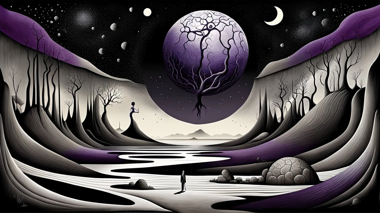 inner world , surrel dream, one alone human figure sitting on giant dark ball , weird whimsical landscape, alien forest, and Sahara water and rocks,, around surreal cracked painted weird land with some black doors. dark purple, gray, black, white, brown. Whimsical style of Chagall , of Minjae Lee and Anton Semenov, lonely with absurd beauty. broken, weird bizarr,e absurd nightmare, neuron network background, surreal vibe
