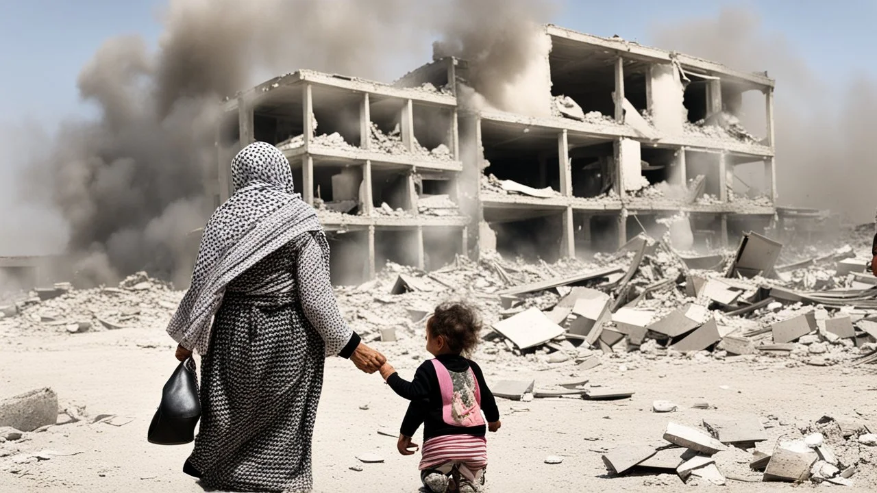 Palestinian old woman wears the keffiyeh , Carrying a small girl ,at summer , Destroyed Buildings , with a Explosions, at night