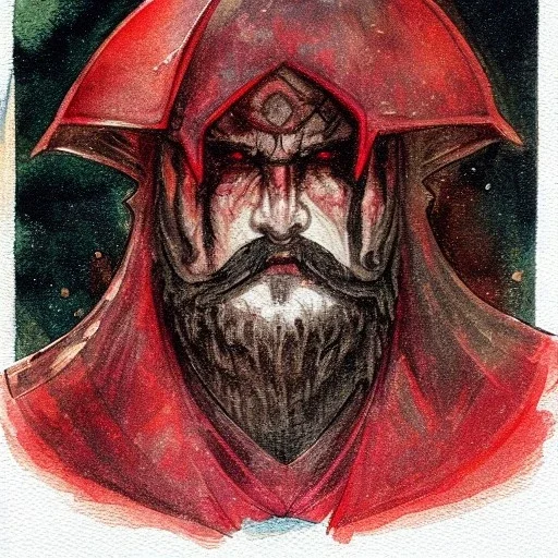 dungeons and dragons, fantasy, dwarf, dark priest, full plate armour, ironclad, dark metal, dark red glow, watercolour, large strokes, distinct face, portrait, head