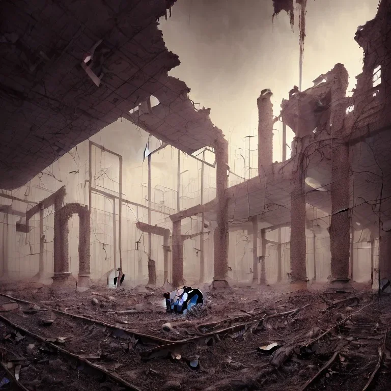 I walked into the abandoned ruins. I could not get Out. It reminded me of that Town. That Town where Sin defined Reality. I think I'm in Hell. Am I? Chiaroscuro style. Stefan Koidl style., isometric, digital art, smog, pollution, toxic waste, chimneys and railroads, 3 d render, octane render, volumetrics, by greg rutkowski