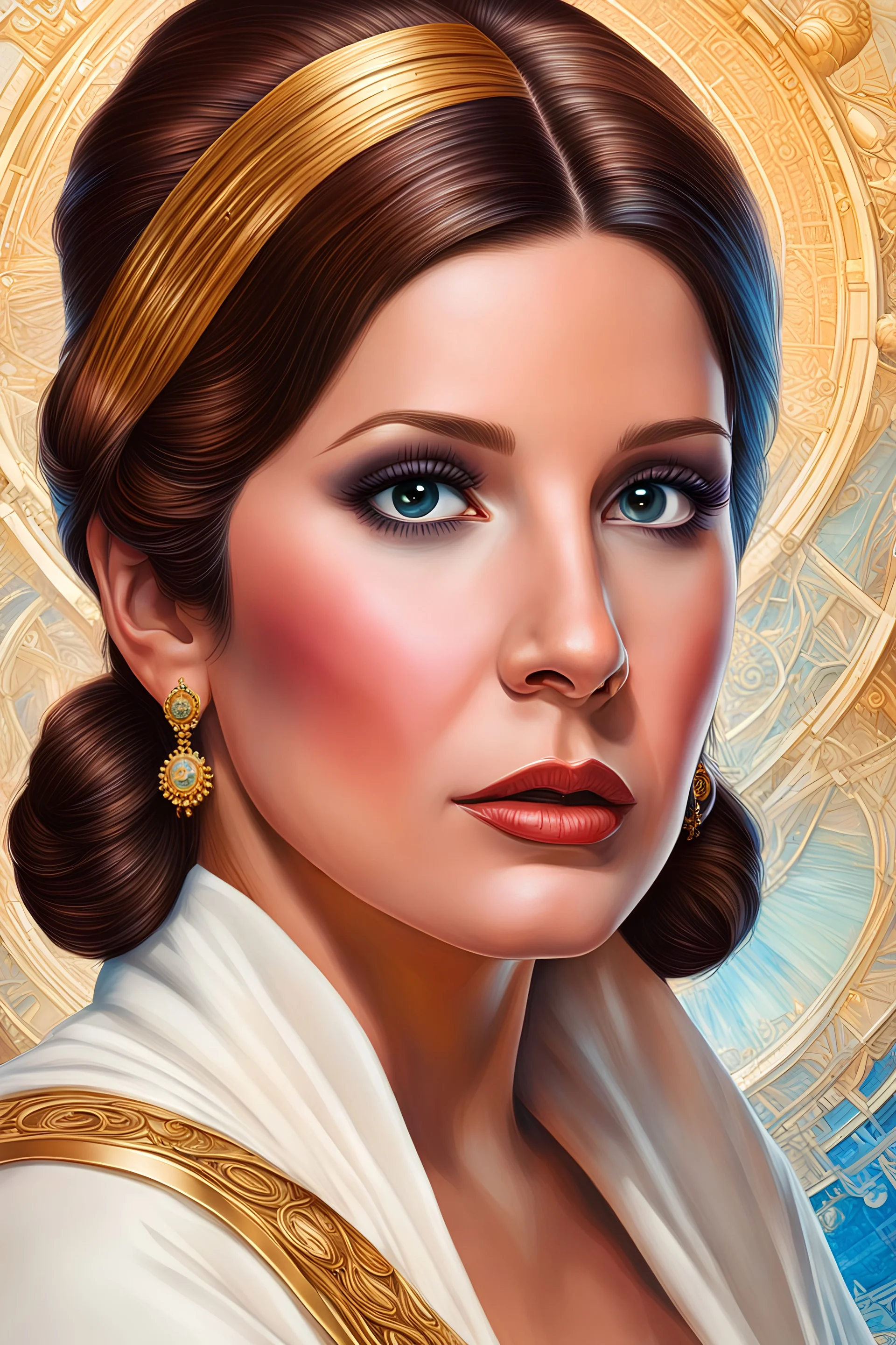 [[extrem stunning photorealistic young Carrie Fisher as Princess Leia]] :: [[photorealistic brown eyes, head and shoulders portrait, 8k resolution photorealistic portrait by Greg Rutkowski, Artgerm, WLOP, Alphonse Mucha, dynamic lighting, hyperdetailed, intricately detailed, triadic colors]]