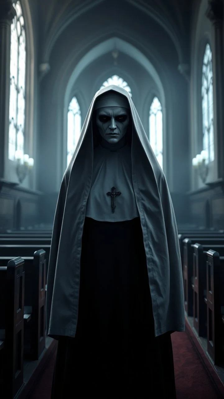 a front view of the Nun from the horror movie, standing in the church , in a 3d rendering full-height image of a grim and dark scene. Ensure the final images exhibit the utmost quality, encompassing 4K, 8K, and 64K resolutions, with 3D rendering that manifests in photorealistic, hyperrealistic, and highly detailed representations. Employ techniques such as HDR, UHD,