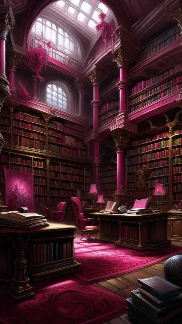 A magenta library made out of arcane magic painted by Michelangelo Simoni