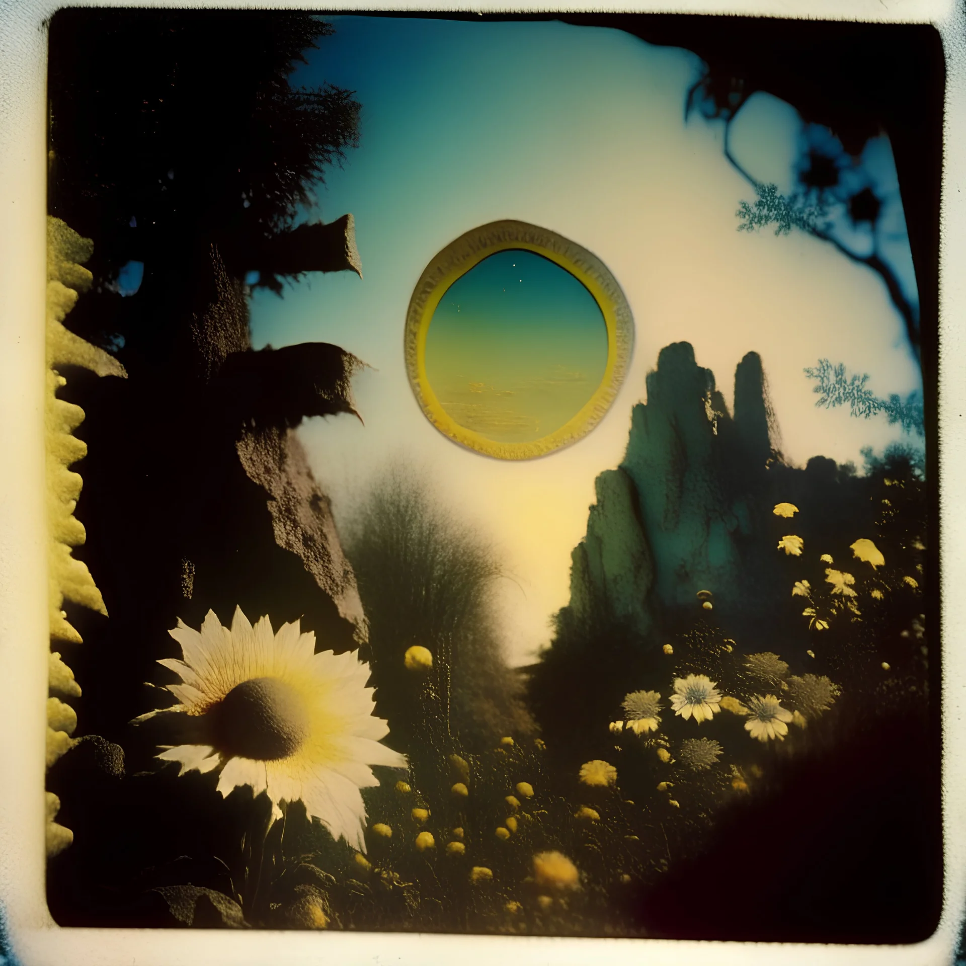 Polaroid close-up photo of a peaceful marvelous landscape, trees, flowers, giant sun, bas-relief, decal, very spooky figure, intricate, rock formations, atmosphere of a Max Ernst painting, Henri Rousseau, thoughtful, interesting, a bit appalling, smooth