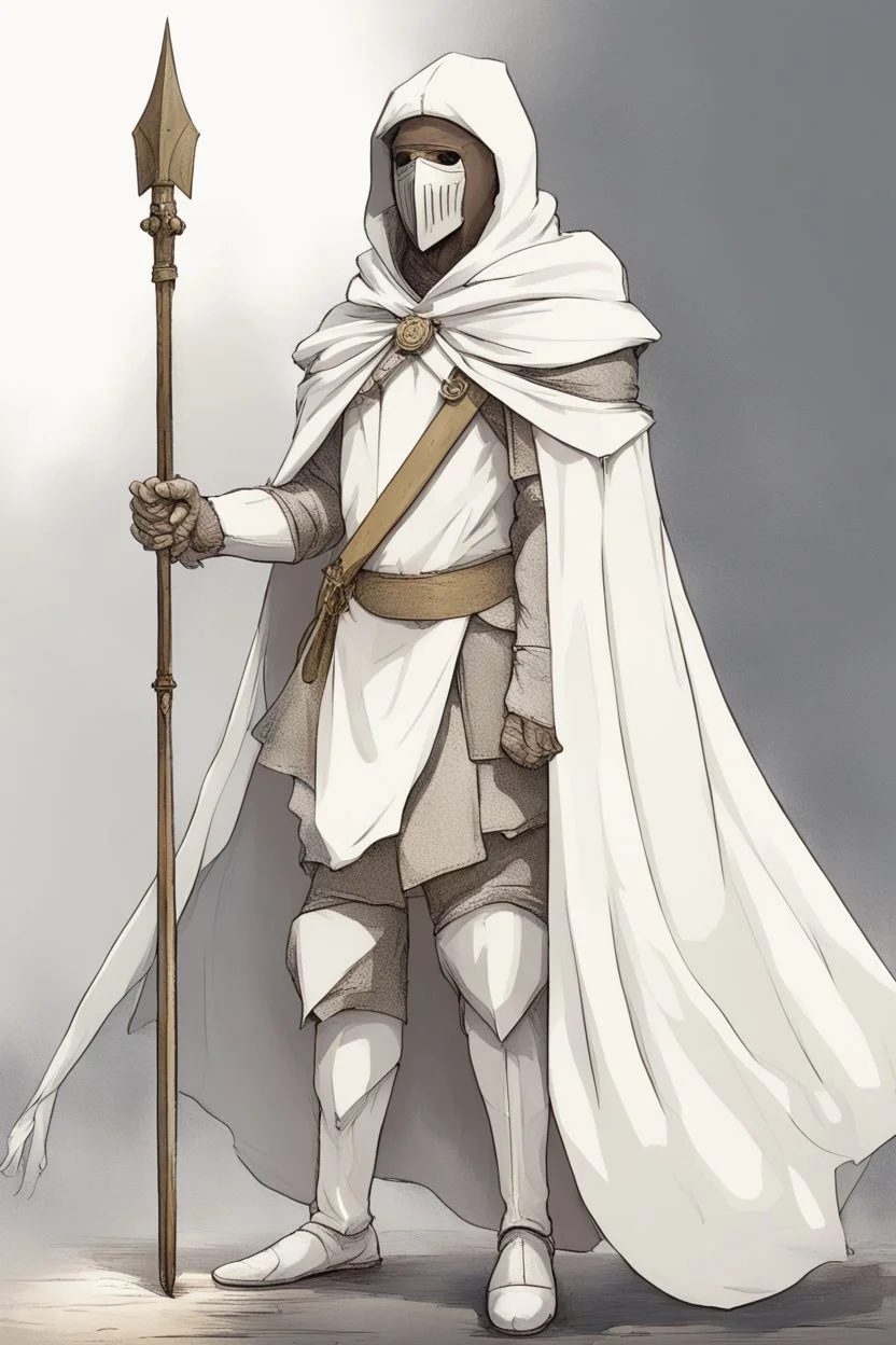 Knight wearing white robes and white cape with white face mask, holding a spear