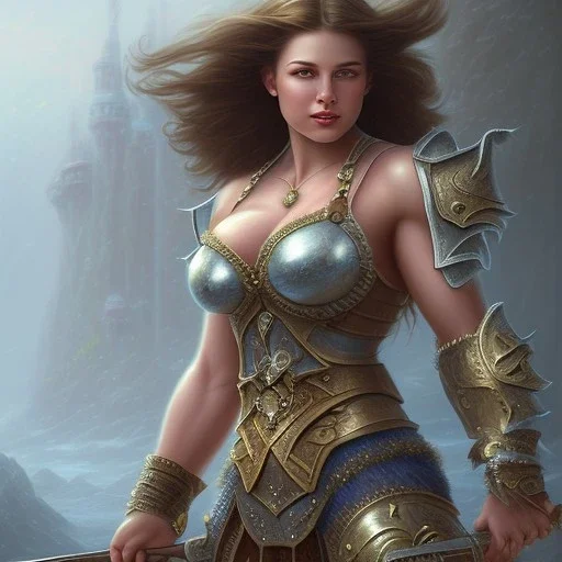 cinematic, majestic female barbarian, bodybuilder woman, bokeh, castle fortress, by thomas kinkade mark keathley terry redlin