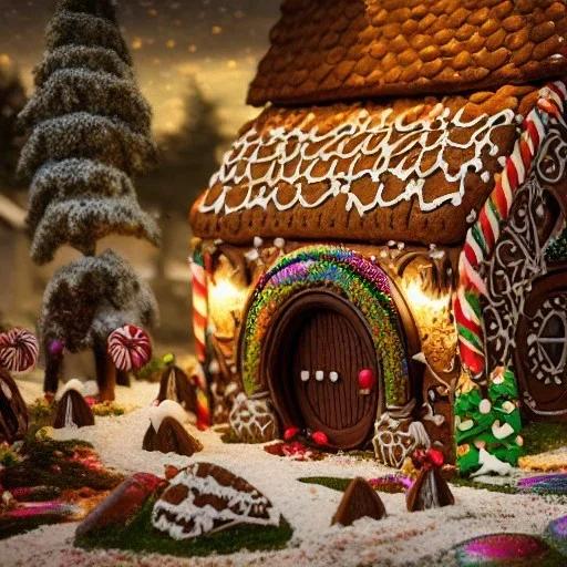 an intricate hobbit-style gingerbread house with rainbow sprinkles, frosting, vibreant crushed candy, 8k resolution, centered, high-quality, ultrafine-detail, digital art, flickering light, detailed matte, volumetric lighting, illustration, 3D octane render, brian froud, howard lyon, ben goossens, George Grie, greg rutowski, alphonse mucha