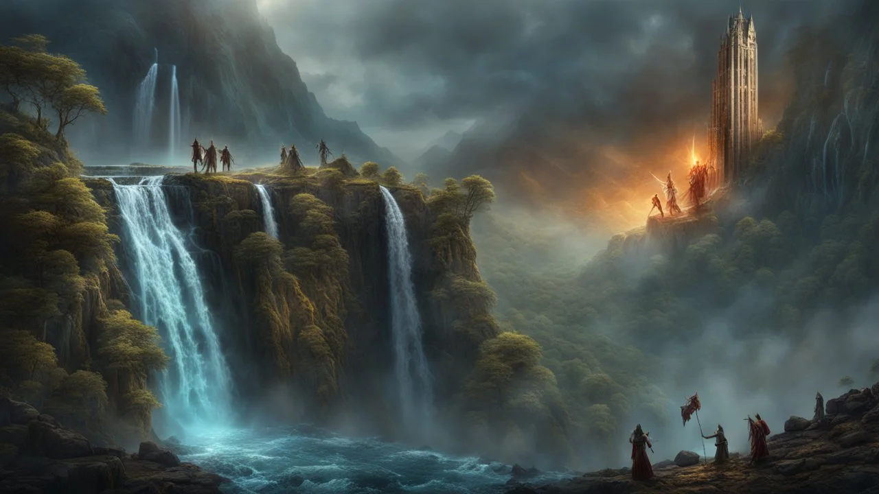 Ancient Zombies falling from the top of a 3.000 feet high waterfall. fantasy setting, horror. exquisite realism, a masterpiece, fantasy concept art, dynamic lighting, hyperdetailed, intricately detailed, deep color, Unreal Engine, volumetric lighting, Epic cinematic brilliant stunning intricate meticulously detailed dramatic atmospheric maximalist digital matte painting