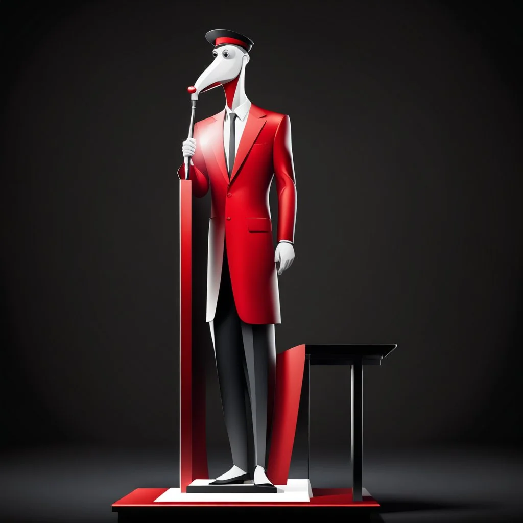 3D vector illustration man with a 50 centimeter long nose speaking at a lectern with microphone, black background, white, black and red colors