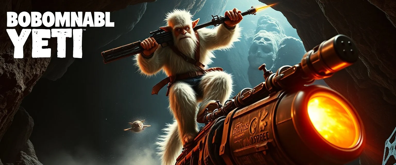 movie poster, portrait interview cowboy Abominable Yeti jumping in space ship in cave holding huge mounted chain gun