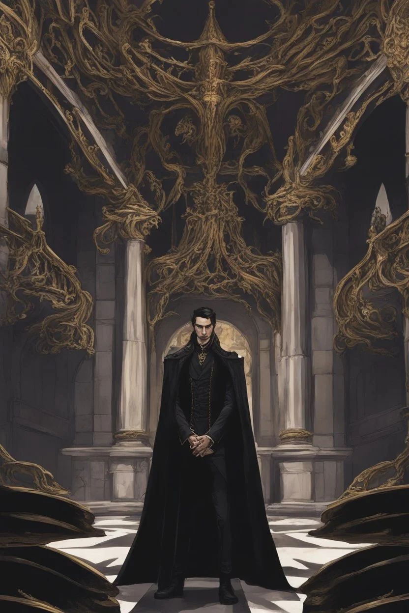 Toomb of the vampire Count Strahd Von Zarovich. Grand room, stone and marble, dark, black coffin made of polished ebony wood and brass. No windows. Strahd being pushed against his coffin