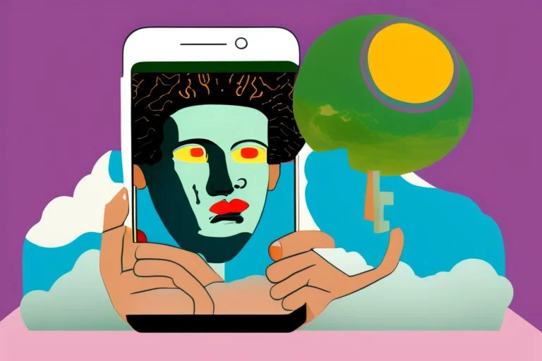 giant mobile phone with earth on the screen and small man with head inside it in the style of Eileen Agar