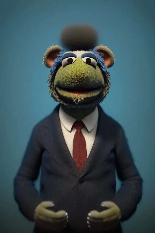 Waist up muppet Portrait, Xi Jinping as muppet doll, Black suit, photo studio, blue background, unreal engine 5, concept art, art station, god lights, ray tracing, RTX, lumen lighting, ultra detail, volumetric lighting, 3d.