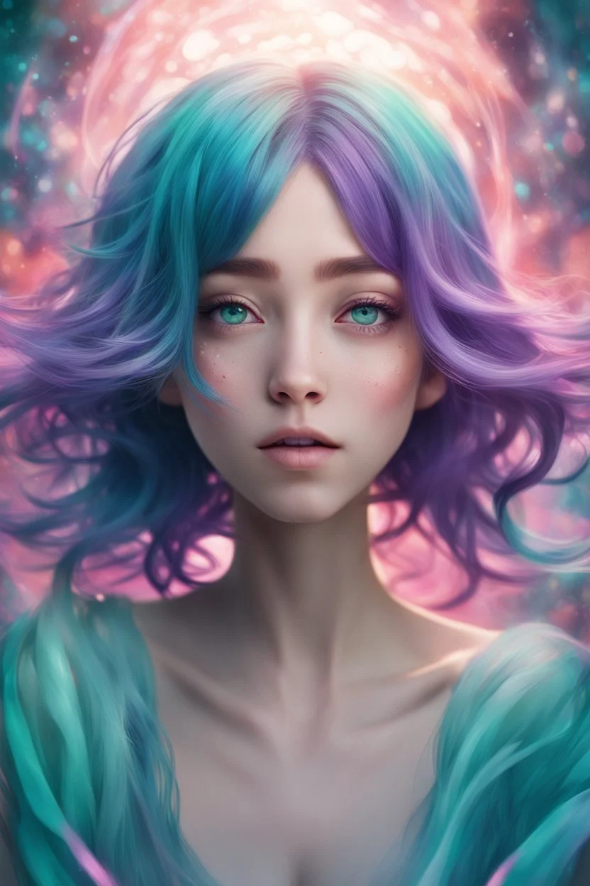 A stunning Anime girl suspended in a kaleidoscope of colors, captured in a photorealistic, cinematic photograph, as if plucked from a dream sequence. Her vibrant turquoise hair flows like a river, contrasting with the muted, earthy tones of her skin, set against a gradient of iridescent pinks and purples, evoking a sense of ethereal mysticism. Soft, cinematic film grain textures the image, infusing it with a sense of nostalgic warmth, as if lit by the flickering lights of a vintage cinema.