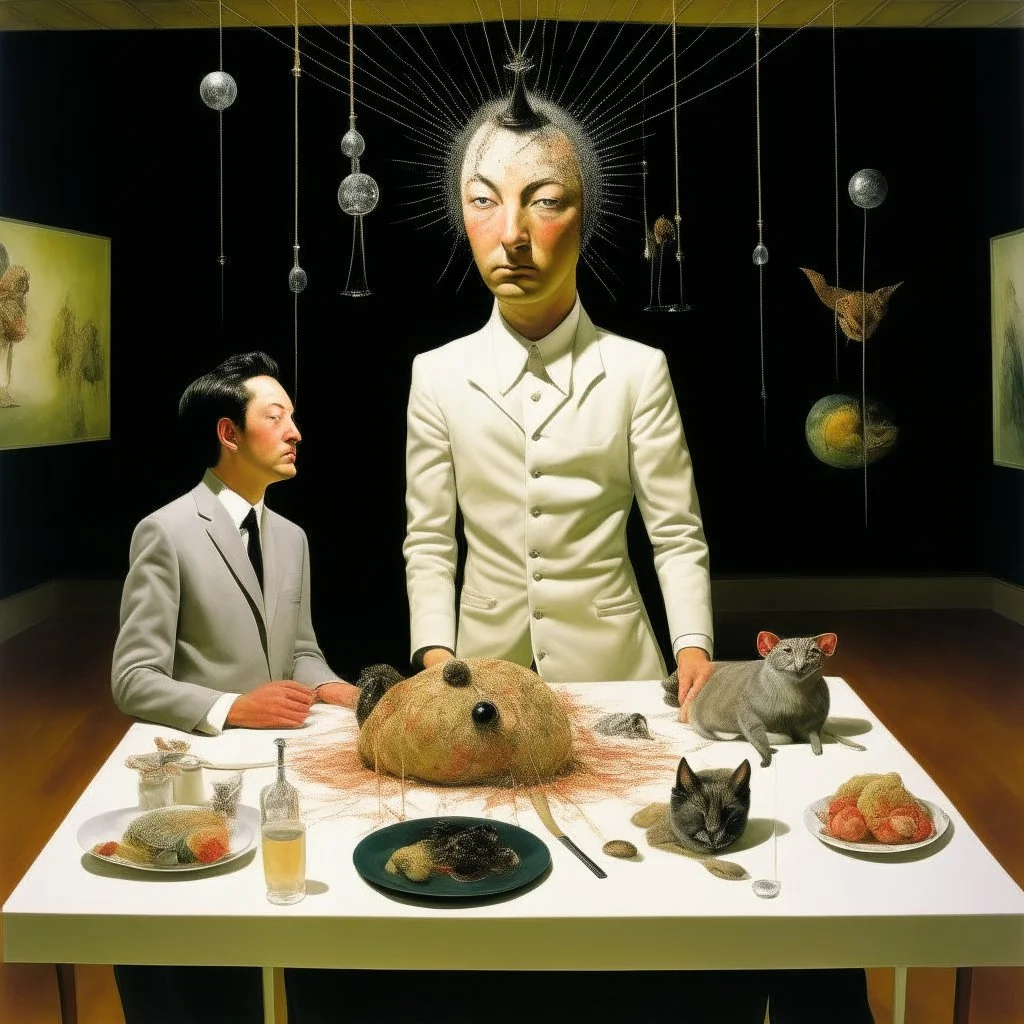 UN conference.a cat and human flesh-like surgical instruments and universe-like a pigeon and neuralink, surrealism,minimalism,Painting By Adrian Ghenie, Rene Magritte, Salvador Dali, Lucian Freud