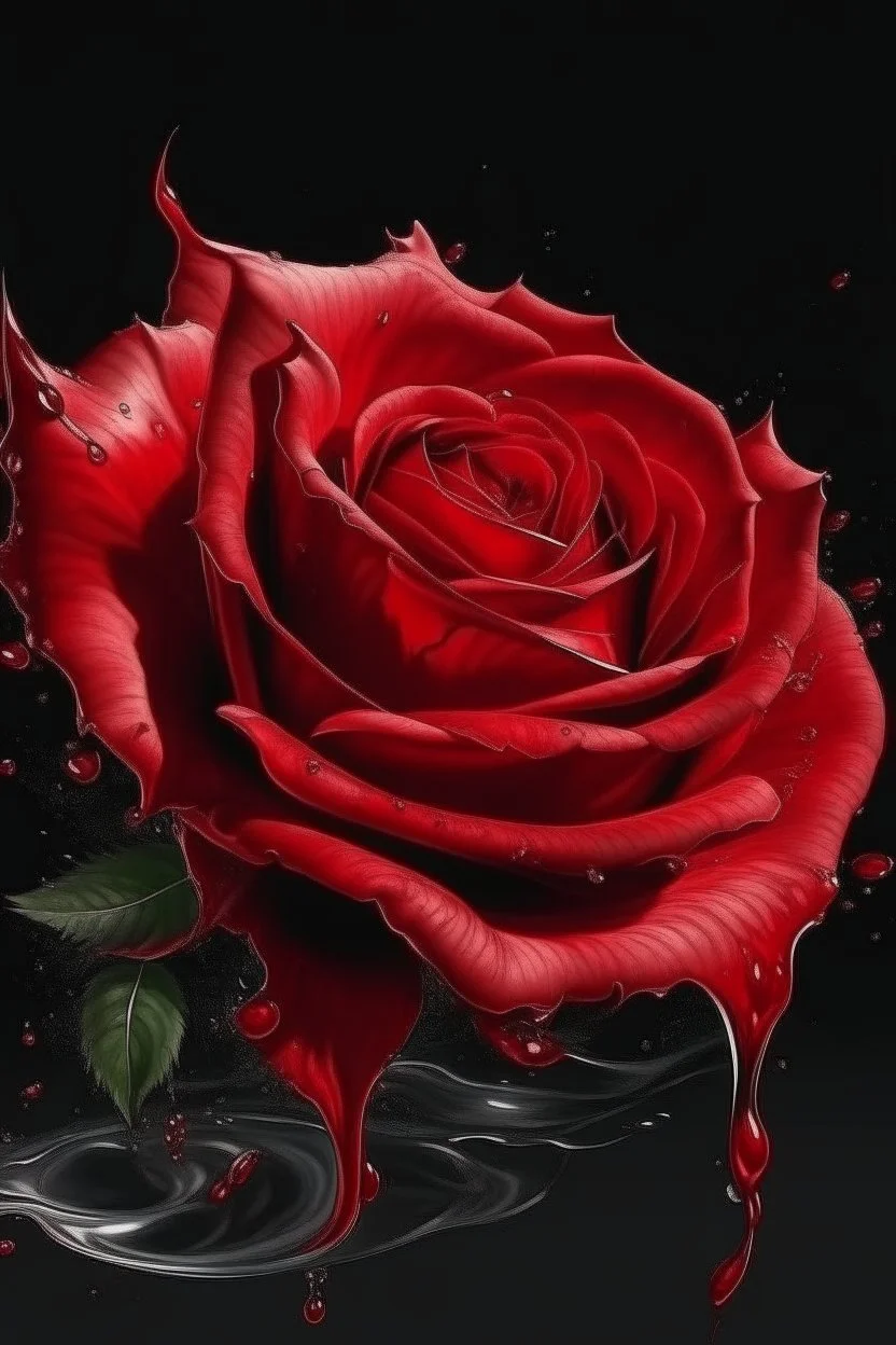 watercolor an exciting illustration of a red rose with petals, completely made with transparent red paint flowing down a dark glossy surface, a light spot on the rose, a dark empty background, liquid splashes, complex details, photorealistic