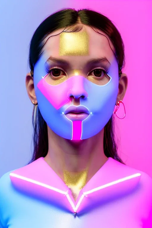 Ultra Realistic image, Rosalía artist, 40 years old, portrait, normal complexion, natural small busty, traditional little tattoo, two bows, little chopsticks hair ,black eye long liner, latex t-shirt and inflatable coat, gold pink and blue style, spray line glow make up, geometric led jewelry, fog, hot, inflatable style latex coat, vibrant color, highly detailed, art stations, concept art, smooth, unreal engine 5, god rays, ray tracing, RTX, lumen lighting, ultra detail, volumetric lighting.