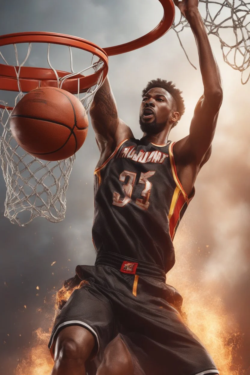 8k, highly realistic and detailed image of a NBA basketball player in action dunking the ball in the net, sweaty hair, screaming look,action and smoke and flames background