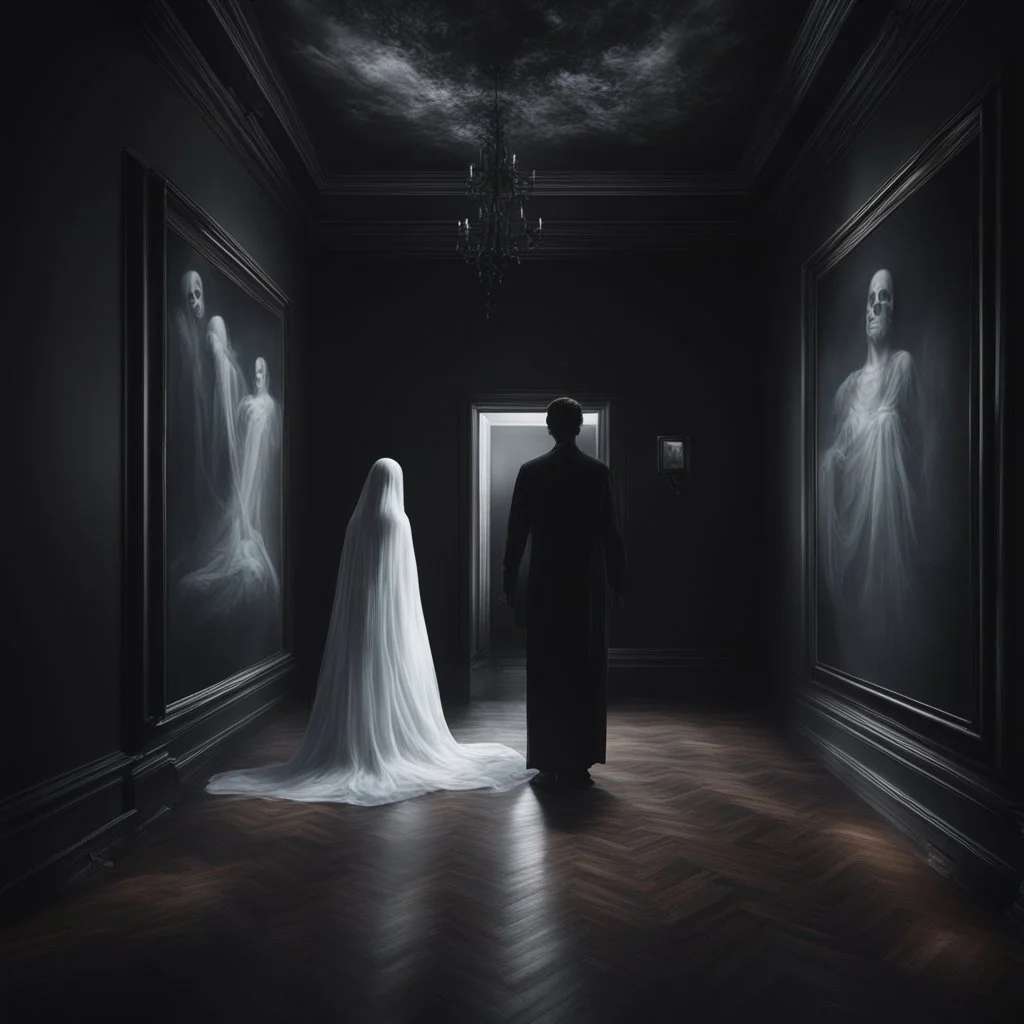 Hyper Realistic Afterlife ghostly Love with black-walls showing cinematic & dramatic ambiance