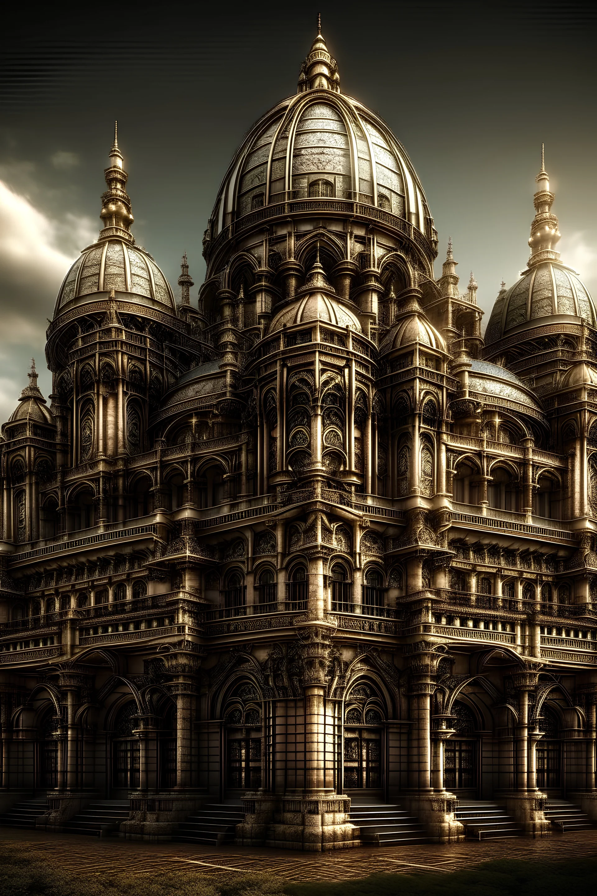 Portrait of a steampunk fantasy palace with gothic architecture