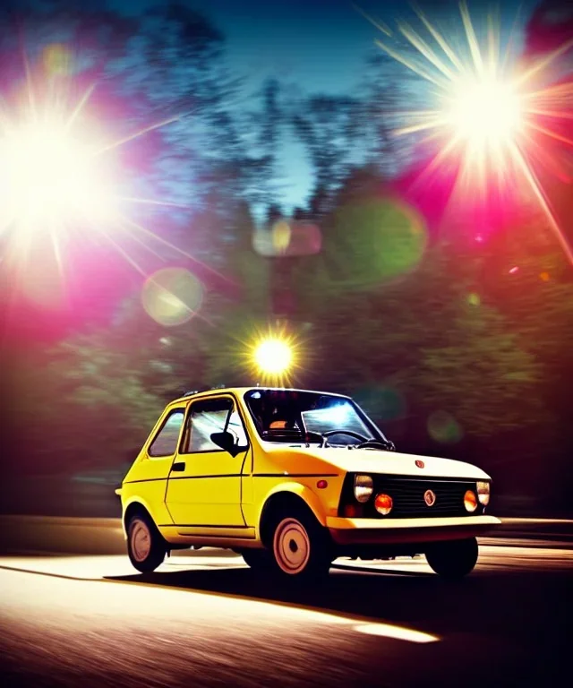 fiat 126p, city. high speed. bokeh. lens flare. warm lights. high detailed