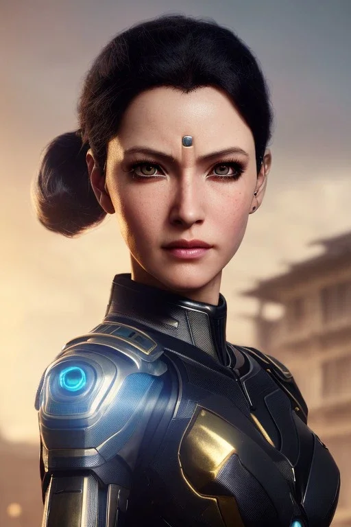 Middle age female Cyborg anime warrior, golden eyes, gray hair with dark blue hair, messy ponytail hairstyle, waist up portrait,4k resolution, intricate details, ornate details, soft lighting, vibrant colors, retroanime, masterpiece, intricate eyeliner, dark eyeshadow, futuristic cityscape background