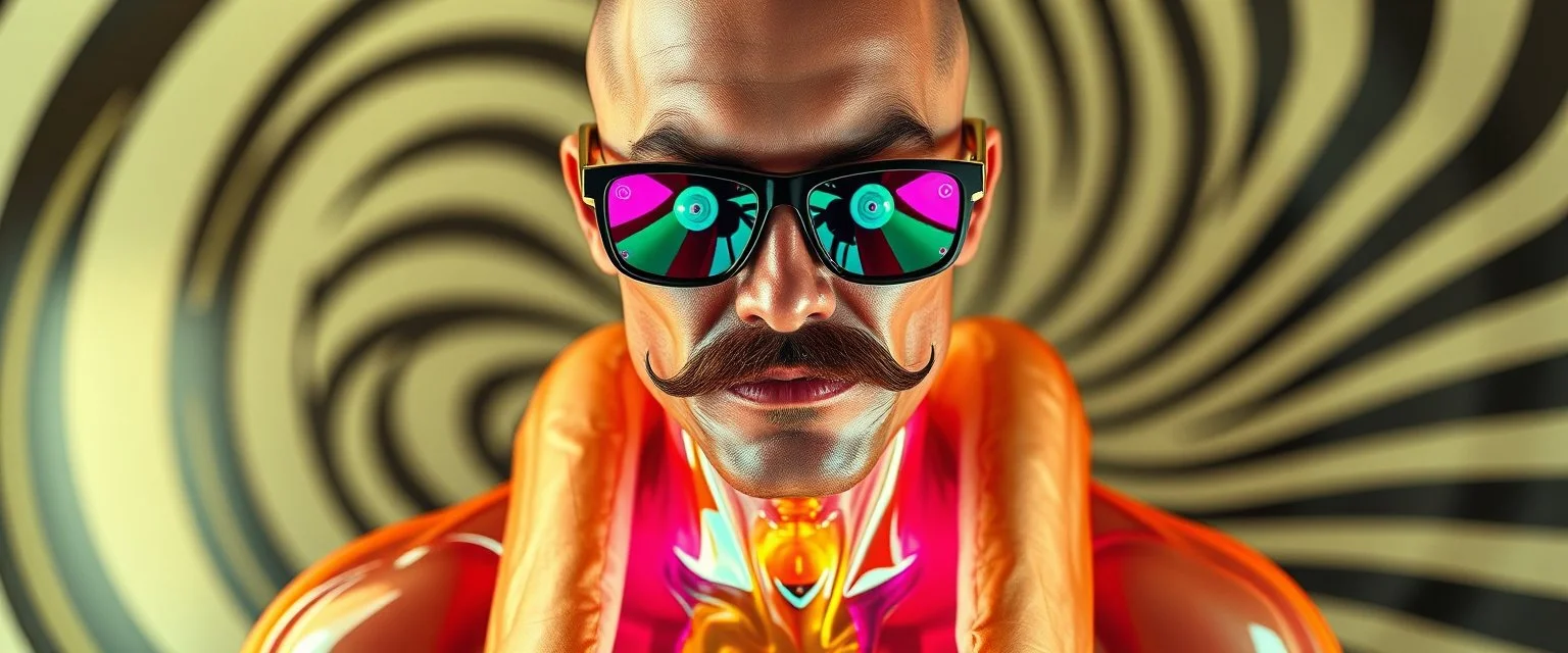 hot dog commercial caravan magic, blissfull genious, ultra chromatic, cyber jobe, flying yoga magic , lawn mover man movie character, portrait of upper body of cool transparent guy made with nano tape and with shades and mustache and bald head, saw blade beholder eye tyrant flating beholder kin with eyes on each saw blade tooth saying something profound, hypnotic zebra twirl background, with chrome reflections, like he is floating in a giger cartoon