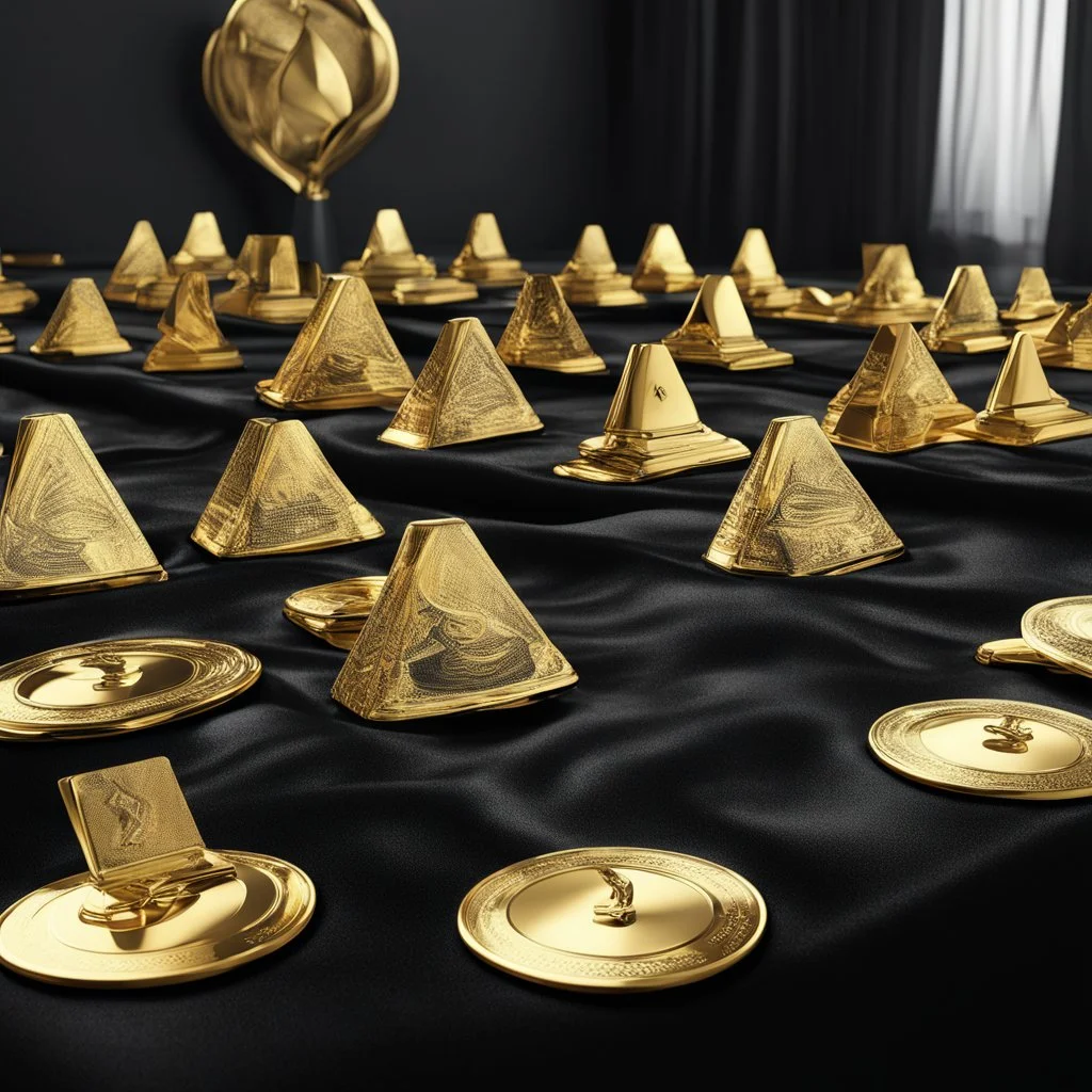 Close-up of a table with black velvet tablecloth with many Grammy Awards lined up side-by-side in perfect order, dramatic natural lighting, 3d Octane Render, photorealistic, hyperdetailed, shiny polished gold.