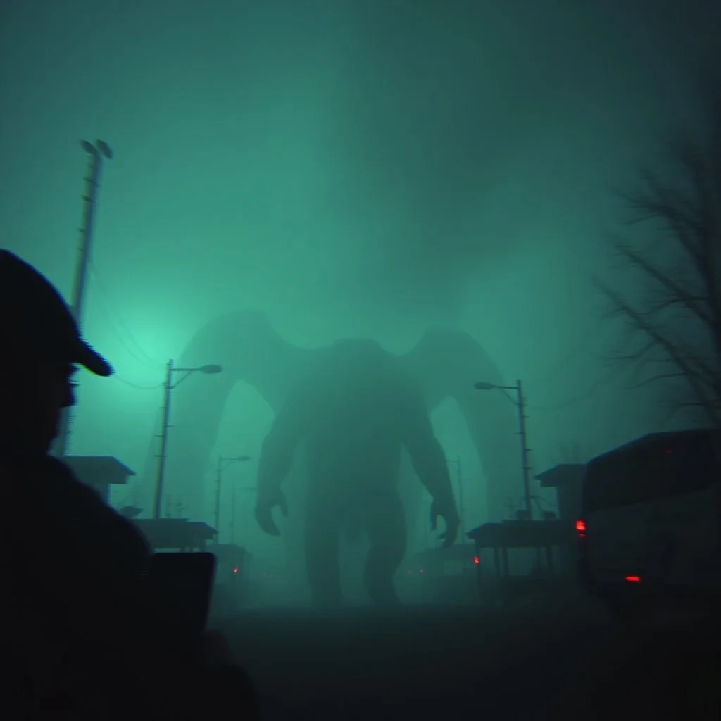 The atmosphere is eerie, suffocating, and raw, with the feeling that the camera operator is witnessing something forbidden and legendary — a colossal being that has been hiding for ages, suddenly revealed. The image must feel authentic and unpolished — like amateur footage captured in real time. Prioritize pixelation, color noise, digital compression artifacts, motion blur, and the unsettling atmosphere of being near a gigantic shadow-creature. Do not stylize or modernize.
