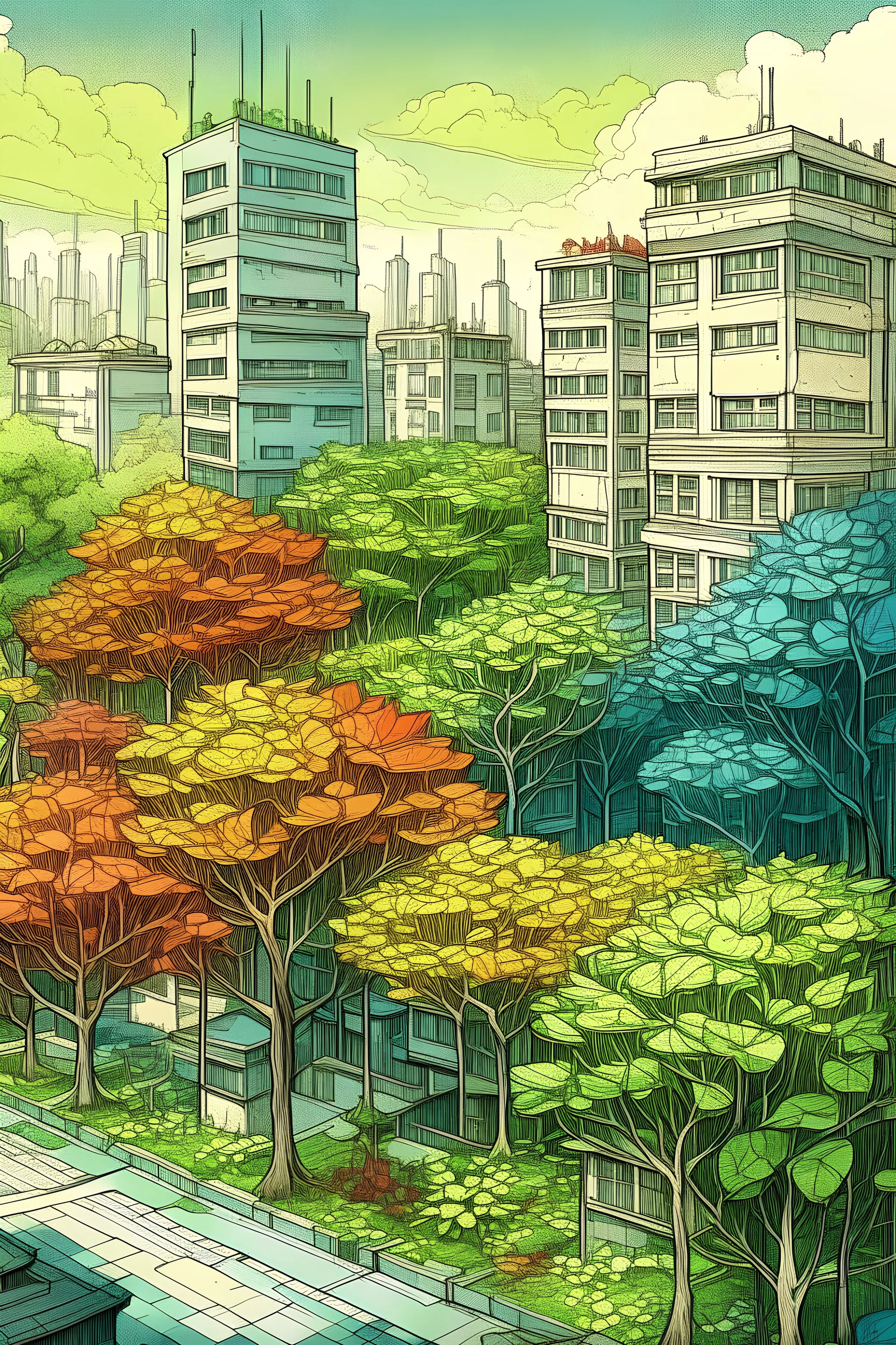 Drema city, plants, trees , drawing, color, beautiful