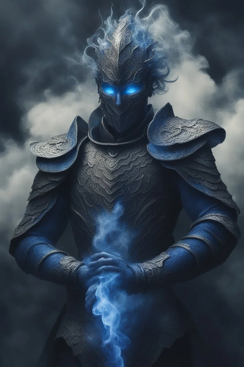 blue smoke in a shape of humanoid of colour of a storm wearing a scalemail armor