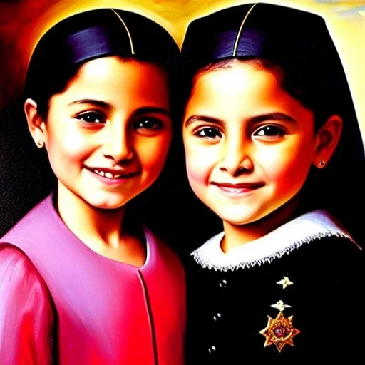 portrait of sisters Eira Santiago Arnau 10 year old and Dalia Santiago Arnau 6 year old by Velazquez,smiling, oil on canvas, cinematic composition, extreme detail,8k,fit full head inside picture,