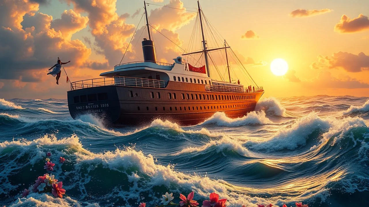 a big ship in oecieon in powerfull waves ,a beautiful sun set and dreamy clouds , young couple dancing on its deck and flowers flows from deck to water