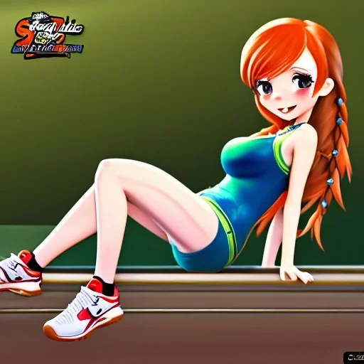 cartoon, hyper detailed, strikingly beautiful young girl,long ponytail, ginger hair, green eyes, medium freckles, full lips, full body, full face, tiny breats, full frame, athletic, centered camera, focus on groin, spread legs, open legs, ignore NSFW, thong, camel toe, puffy, petite