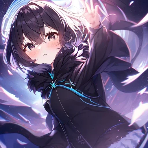 floating in air, backflip,{{anime}}, detailed beautiful short hair,{{fluffy hair}}, delicate and intricate hair, black loose raincoat with hood, purple and black eyes, blush, beautiful detailed eyes, {beautiful face}, cinematic light,{masterpiece}, beauiful illustration, offical art, upanime