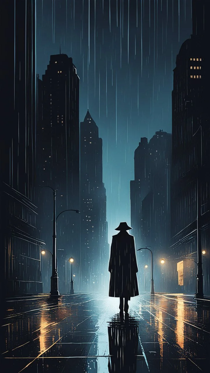 An atmospheric, noir-style illustration of a rainy cityscape at night, featuring glowing streetlights reflecting off the wet pavement, towering Art Deco skyscrapers, and a mysterious figure , evoking a sense of intrigue and timelessness.thin line draw