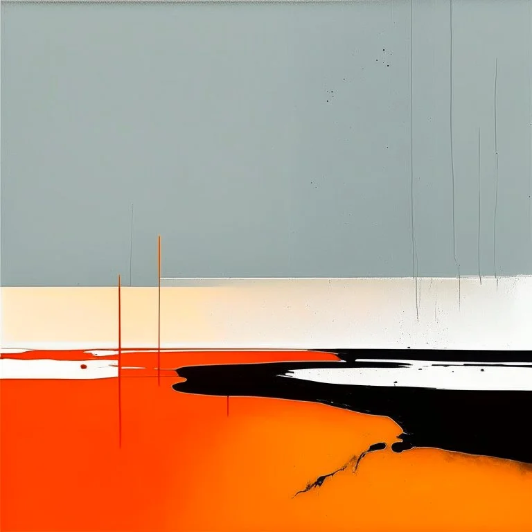 Melancholy Minimal abstract flat landscape painting. Rough brushstrokes and dripping paint. A single orange colour highlight with complimentary background colours. Use rule of thirds. Place the Horizon line at the top. Style of Justin Mortimer.Abstract empty landscape painting. Dripping paint. Rough. Minimal. Style of Justin Mortimer.