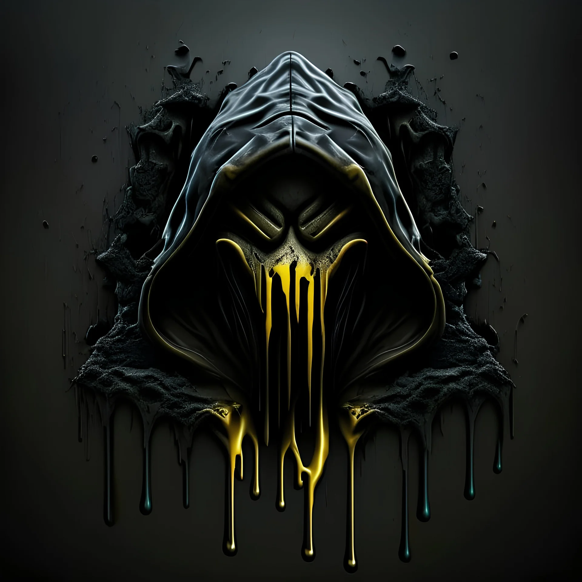 emblem of Grime, 3D, a monster of black mud in a hood, deep colors, simple background, photorealistic.