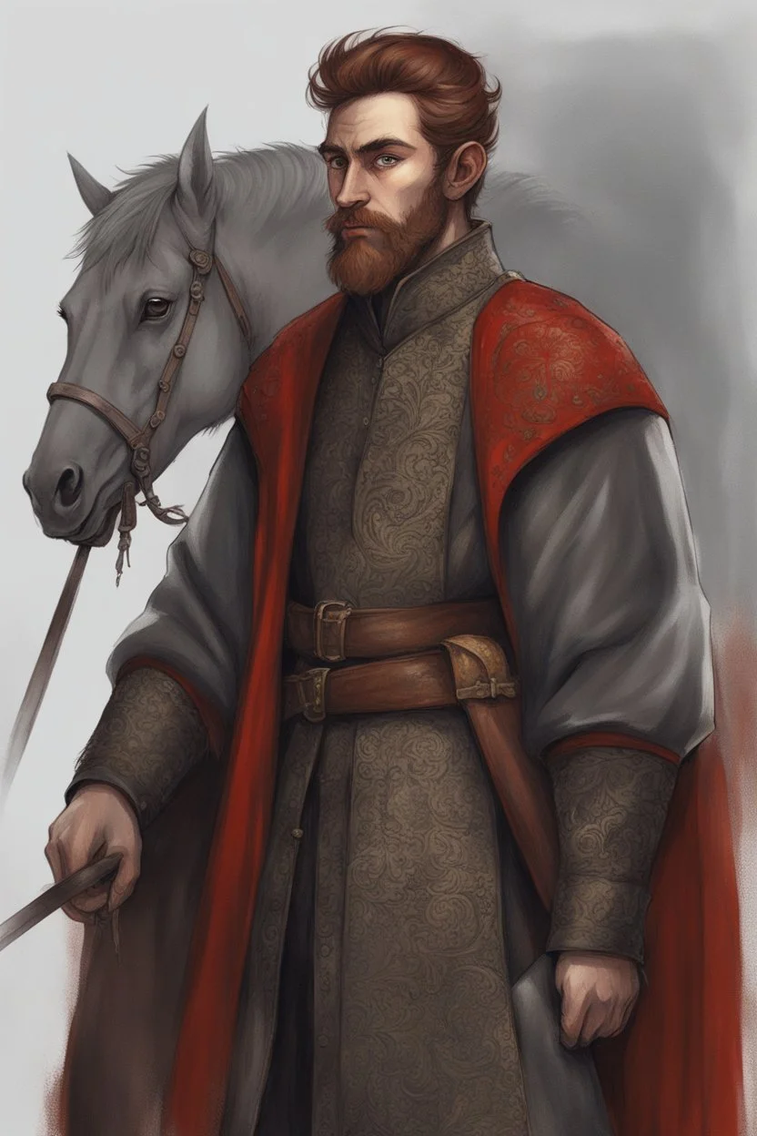 man, age 20, medieval, fighter, russian, croocked nose, czar, rich, simple clothes, short messy hair, thick beard, oligarch, leather coat with fur, brocade clothes, pencil drawing, black or red hair