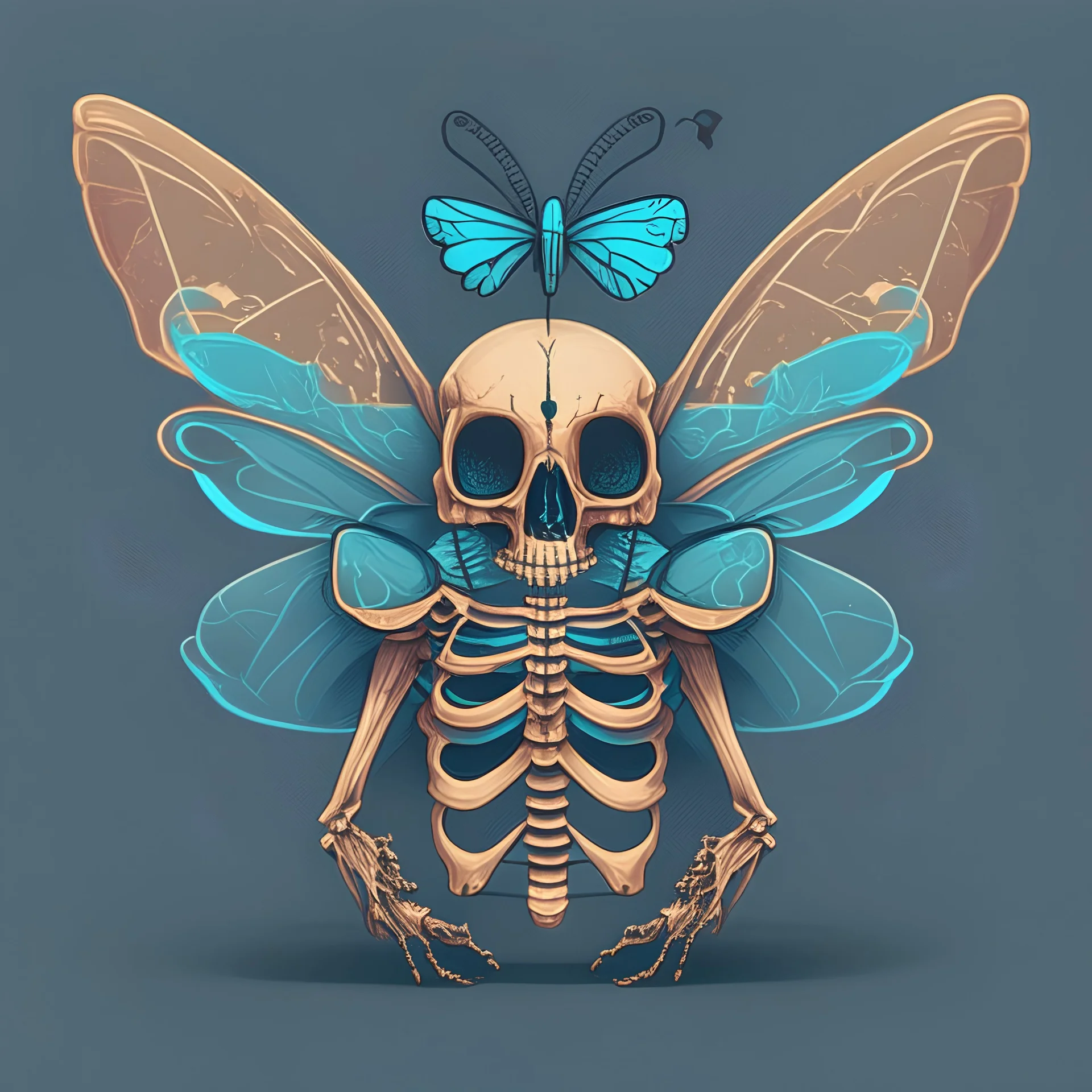 cartoon butterfly skull with skeleton torso looking right