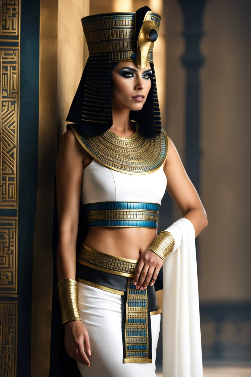 full body Cleopatra, pharaoh makeup, full body shot, written by Orcinus Orca, Ultra detail face in anceiant egipth palace