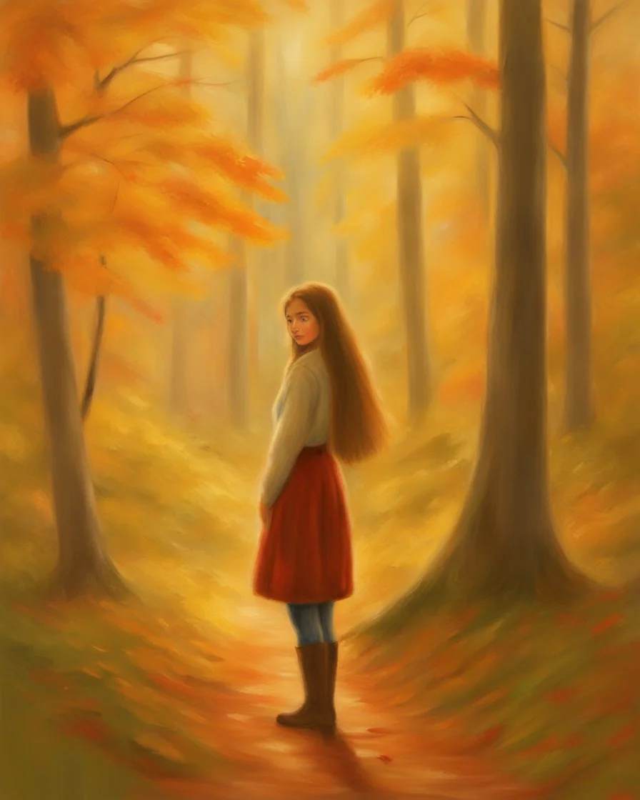 A young girl with long hair and autumn clothes in the autumn forest, beautiful portrait painting style, oil pastel painting, by Thomas Kinkade